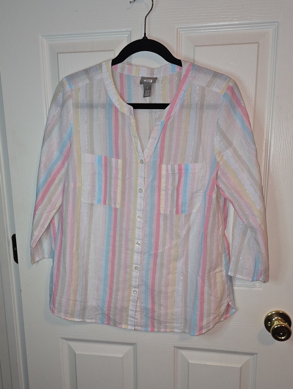 Chico's Pastel Striped Button-Down Shirt in Pink, Blue, Yellow and Cream